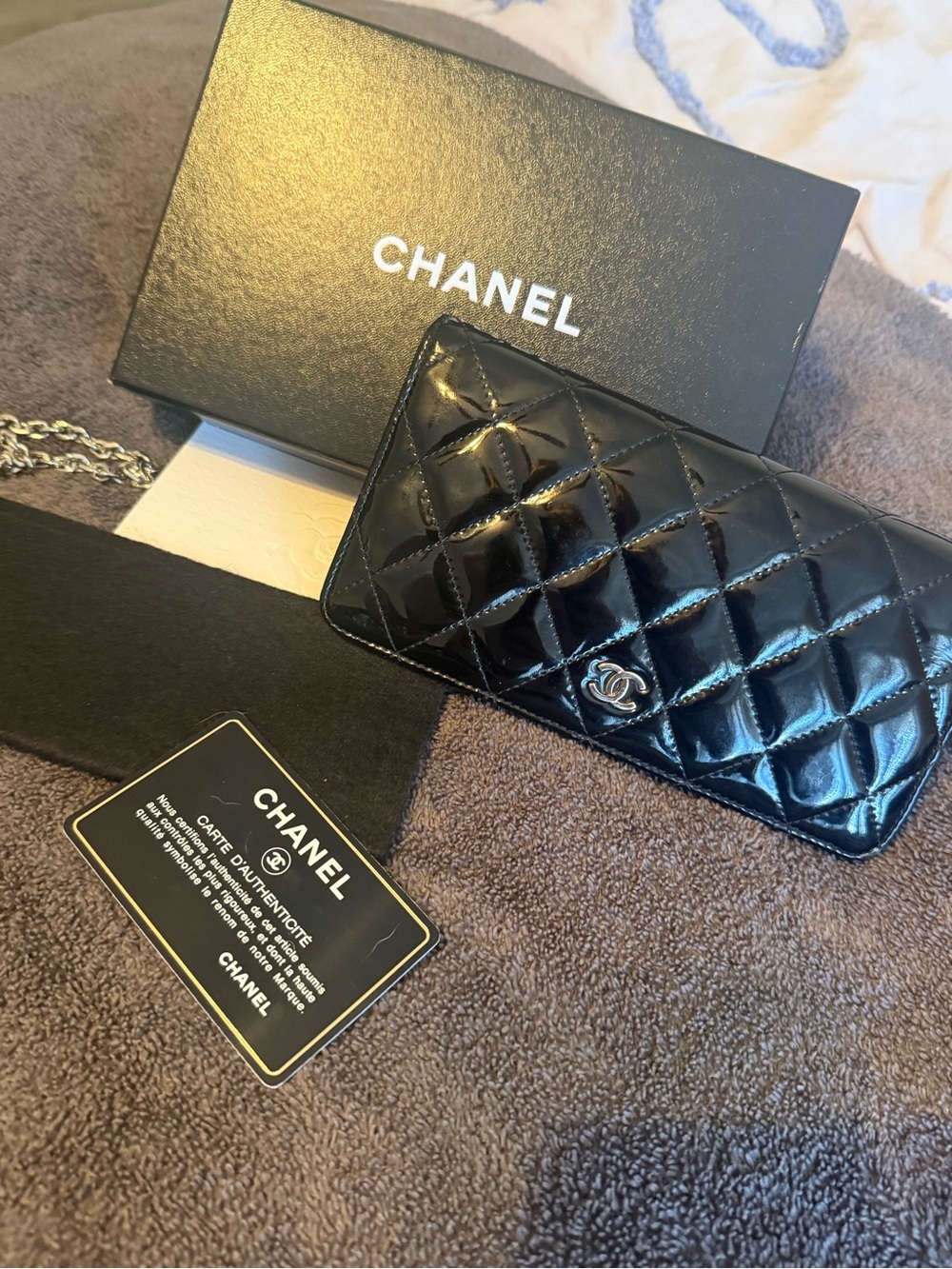 CHANEL Black Quilted Patent Leather CC Wallet on Chain